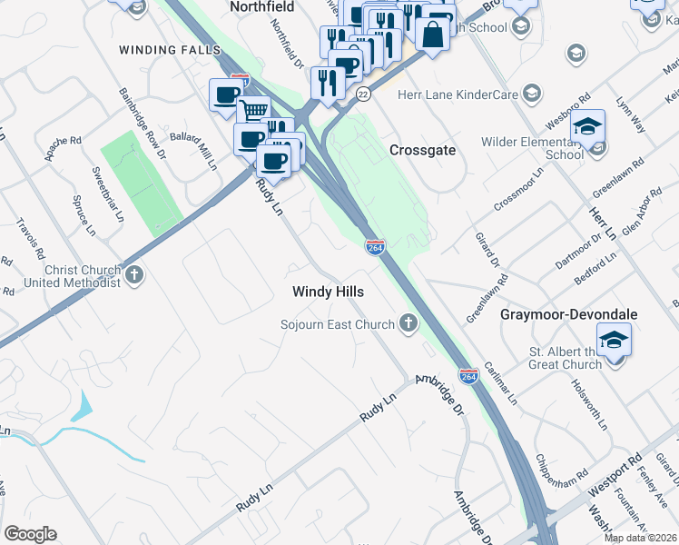 map of restaurants, bars, coffee shops, grocery stores, and more near 2403 Rudy Lane in Louisville