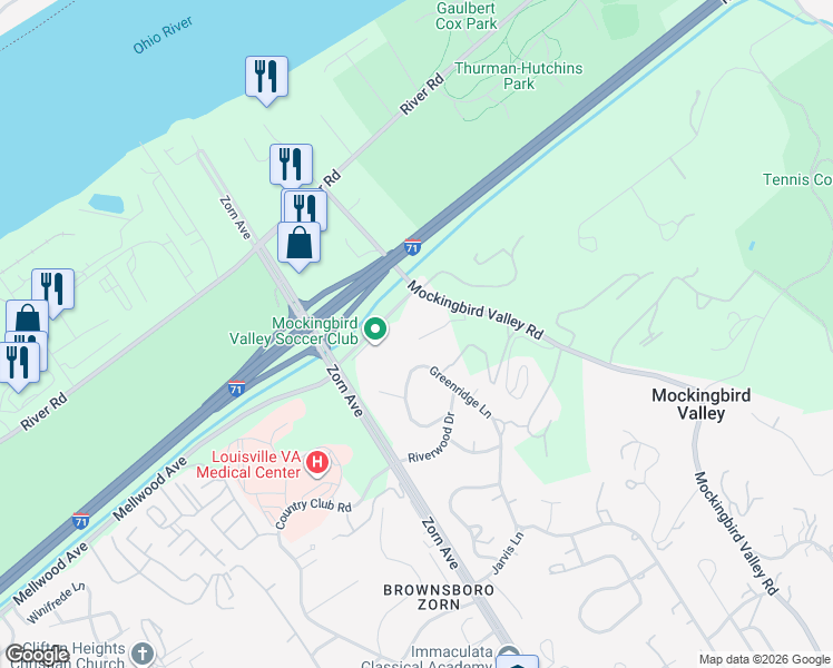 map of restaurants, bars, coffee shops, grocery stores, and more near 753 Greenridge Lane in Louisville