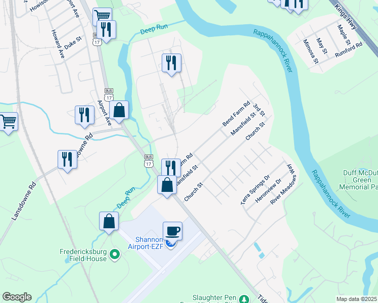 map of restaurants, bars, coffee shops, grocery stores, and more near 148 Bend Farm Road in Fredericksburg