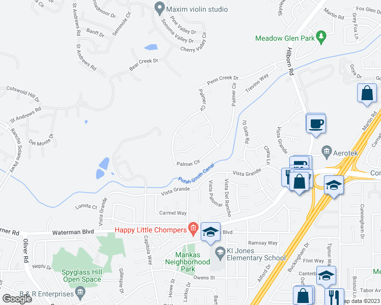 map of restaurants, bars, coffee shops, grocery stores, and more near 2817 Watson Court in Fairfield