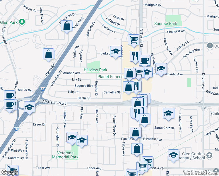 map of restaurants, bars, coffee shops, grocery stores, and more near 245 Begonia Boulevard in Fairfield