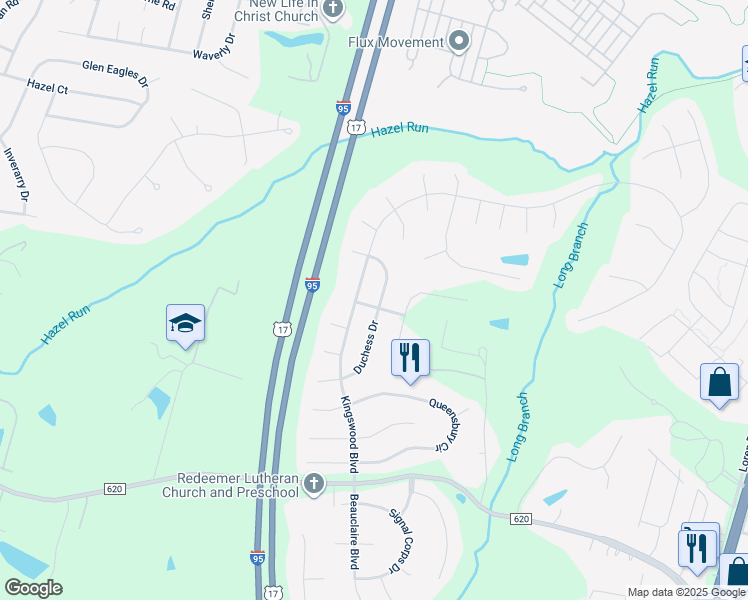 map of restaurants, bars, coffee shops, grocery stores, and more near 11700 Duchess Drive in Fredericksburg