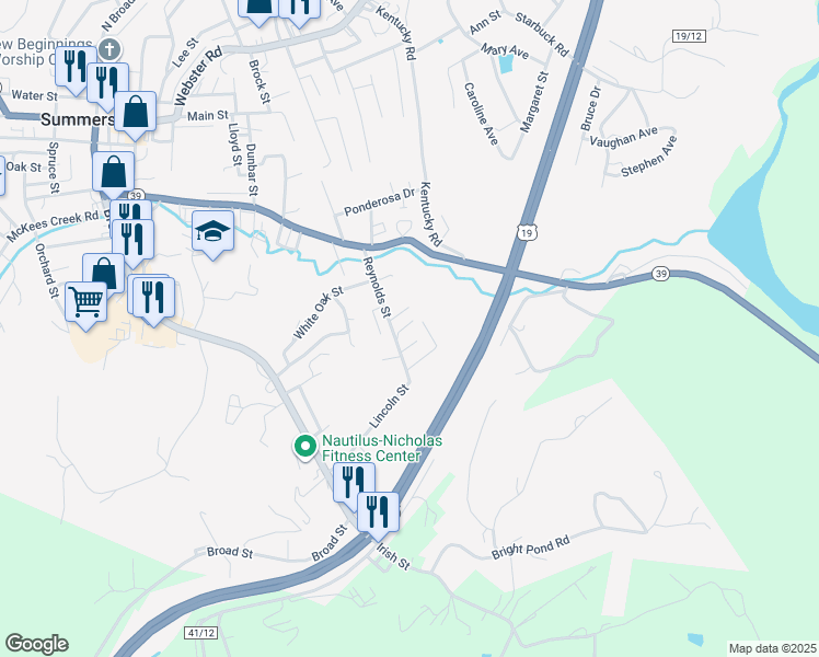 map of restaurants, bars, coffee shops, grocery stores, and more near 58 3rd Street in Summersville