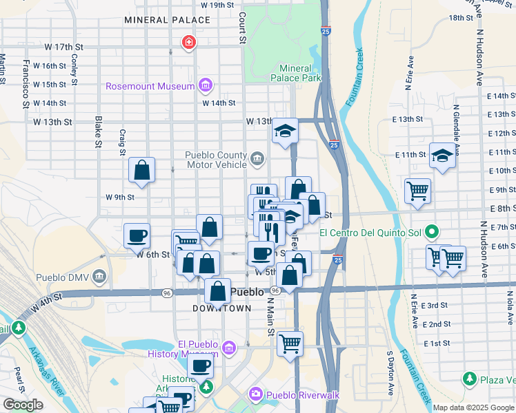 map of restaurants, bars, coffee shops, grocery stores, and more near in Pueblo