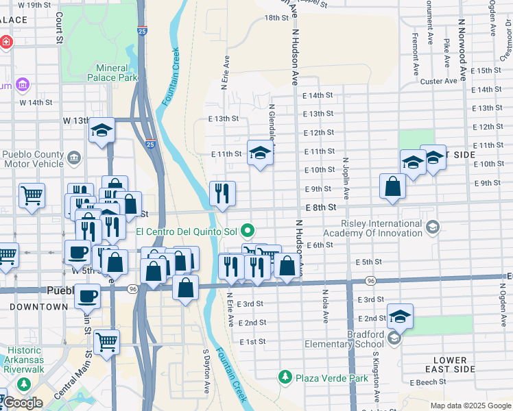 map of restaurants, bars, coffee shops, grocery stores, and more near 705 East 8th Street in Pueblo