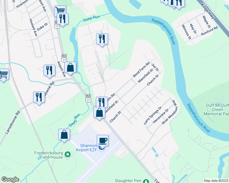 map of restaurants, bars, coffee shops, grocery stores, and more near 150 Bend Farm Road in Fredericksburg