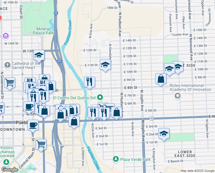 map of restaurants, bars, coffee shops, grocery stores, and more near 826 North Fountain Avenue in Pueblo