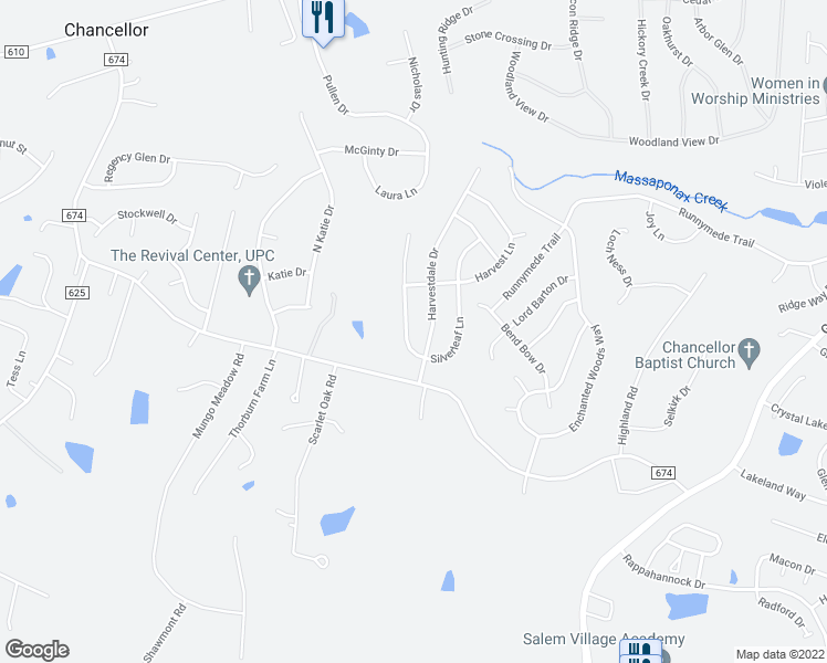 map of restaurants, bars, coffee shops, grocery stores, and more near 11509 Silverleaf Lane in Fredericksburg