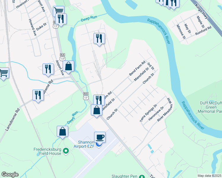map of restaurants, bars, coffee shops, grocery stores, and more near 150 Bend Farm Road in Fredericksburg