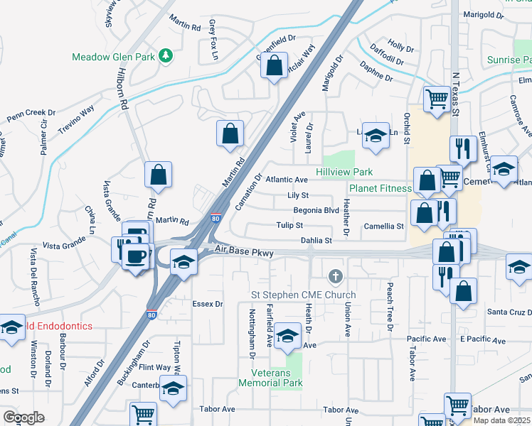 map of restaurants, bars, coffee shops, grocery stores, and more near 435 Begonia Boulevard in Fairfield