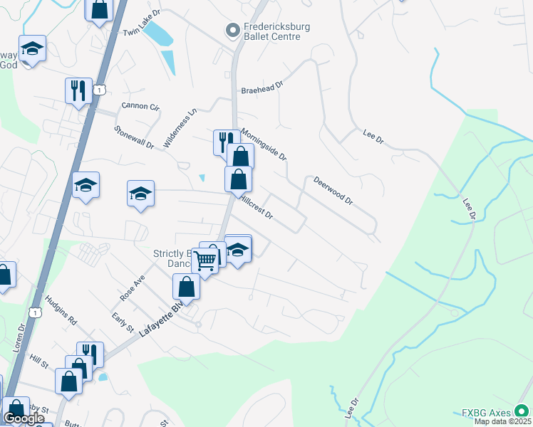 map of restaurants, bars, coffee shops, grocery stores, and more near 117 Hillcrest Drive in Fredericksburg