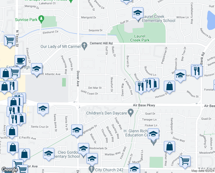 map of restaurants, bars, coffee shops, grocery stores, and more near 2414 Gulf Drive in Fairfield