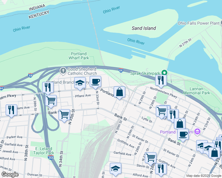 map of restaurants, bars, coffee shops, grocery stores, and more near 615 North 32nd Street in Louisville