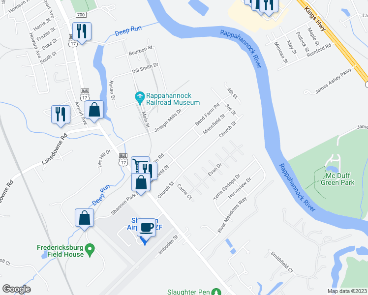 map of restaurants, bars, coffee shops, grocery stores, and more near 168 Mansfield Street in Fredericksburg