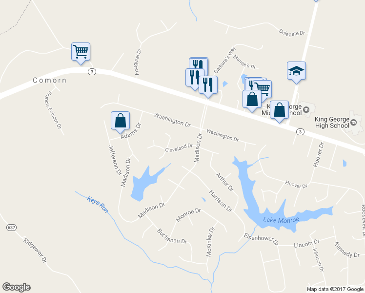 map of restaurants, bars, coffee shops, grocery stores, and more near 7437 Cleveland Drive in King George