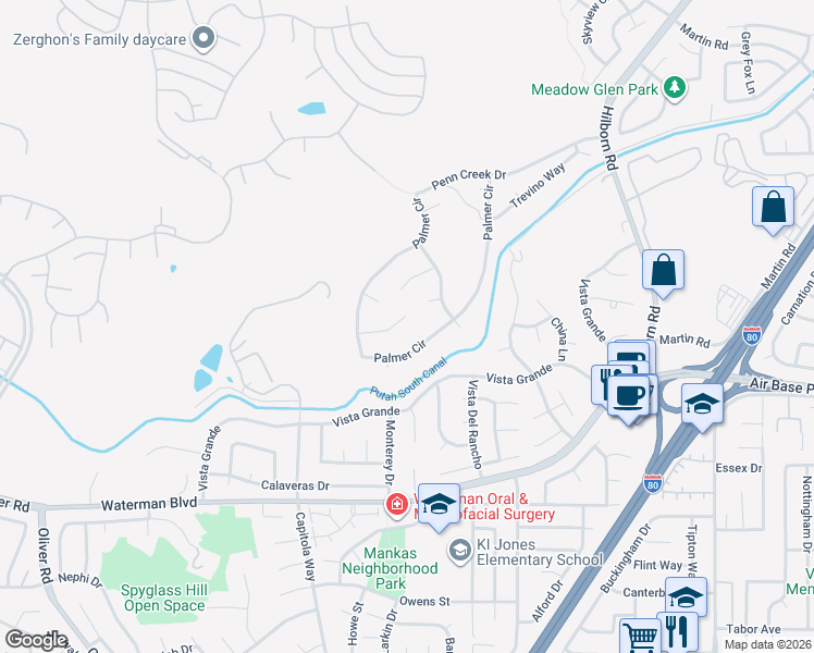 map of restaurants, bars, coffee shops, grocery stores, and more near 2806 Watson Court in Fairfield