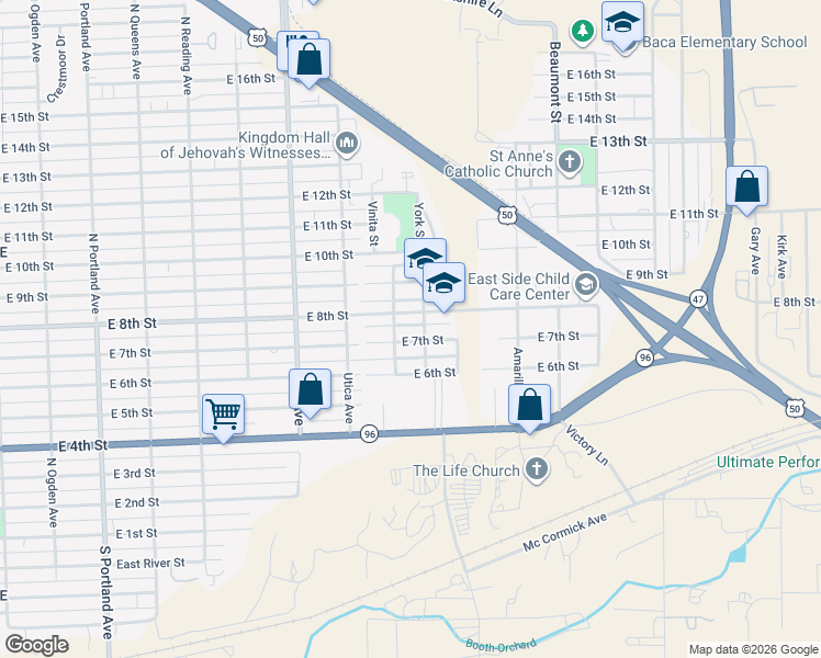 map of restaurants, bars, coffee shops, grocery stores, and more near 2387-2463 E 8th St in Pueblo
