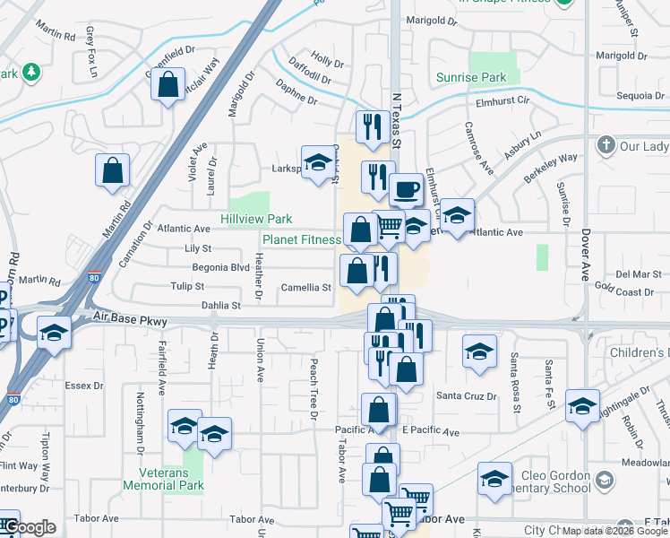 map of restaurants, bars, coffee shops, grocery stores, and more near Orchid Street & Begonia Boulevard in Fairfield