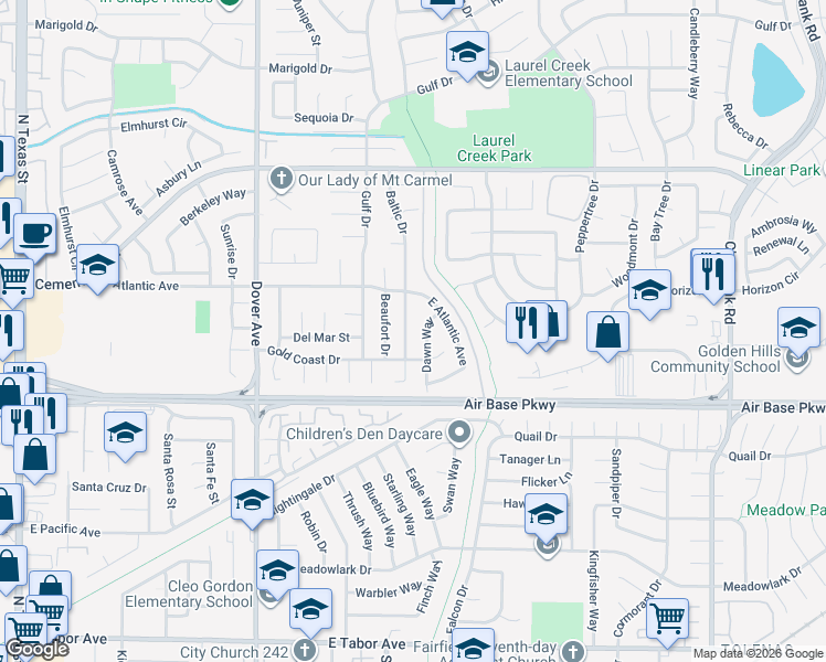 map of restaurants, bars, coffee shops, grocery stores, and more near 2436 Baltic Drive in Fairfield