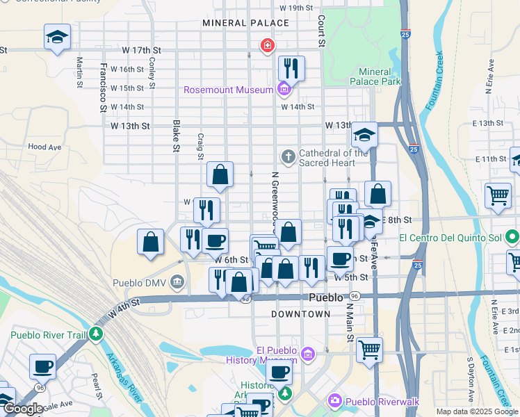 map of restaurants, bars, coffee shops, grocery stores, and more near 908 North Elizabeth Street in Pueblo