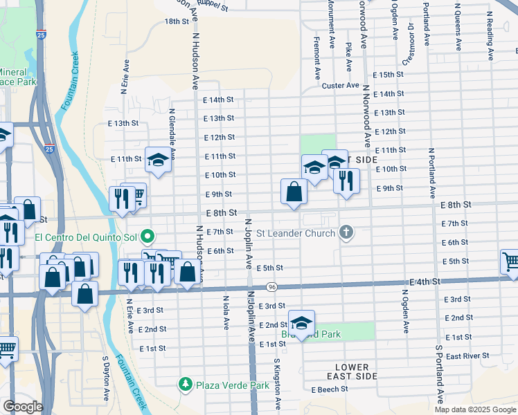 map of restaurants, bars, coffee shops, grocery stores, and more near 1111 East 8th Street in Pueblo