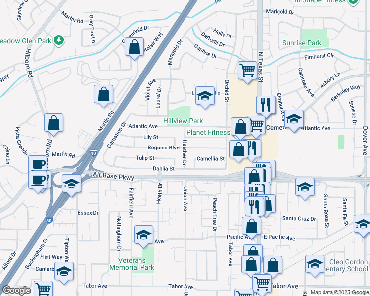 map of restaurants, bars, coffee shops, grocery stores, and more near Begonia Boulevard & Heather Drive in Fairfield