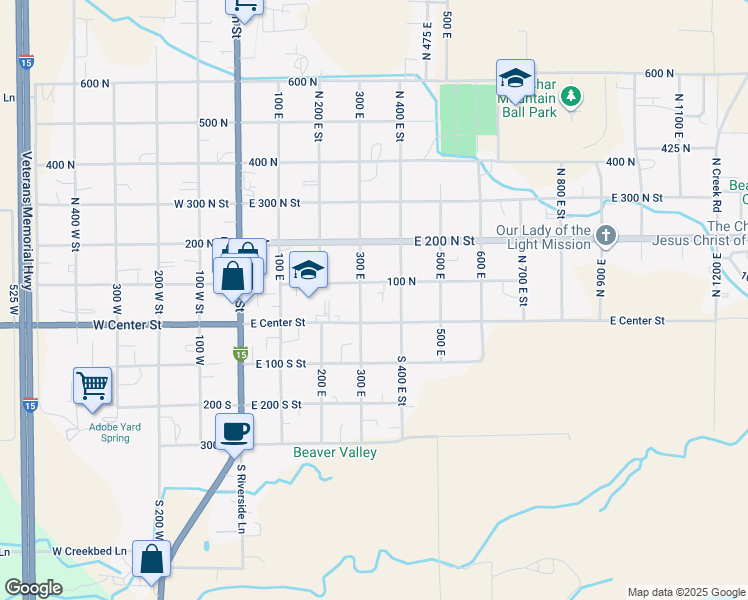 map of restaurants, bars, coffee shops, grocery stores, and more near 40 North 300 East Street in Beaver