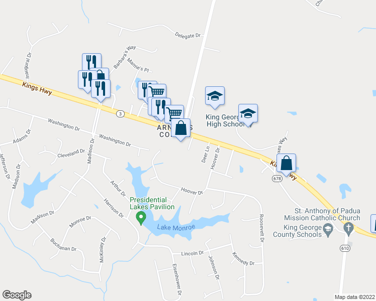 map of restaurants, bars, coffee shops, grocery stores, and more near Arnold's Corner Court in King George