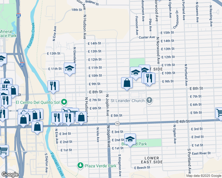 map of restaurants, bars, coffee shops, grocery stores, and more near 1104 East 9th Street in Pueblo