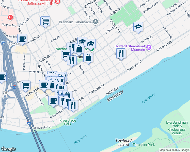 map of restaurants, bars, coffee shops, grocery stores, and more near 607 East Chestnut Street in Jeffersonville