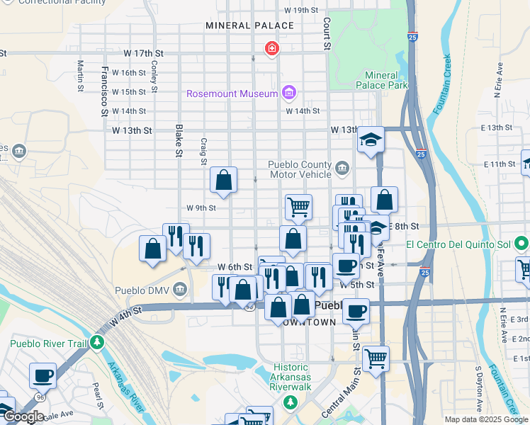 map of restaurants, bars, coffee shops, grocery stores, and more near 516 West 9th Street in Pueblo