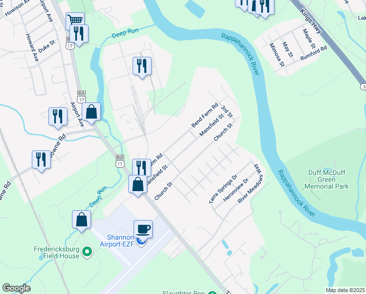 map of restaurants, bars, coffee shops, grocery stores, and more near 172 Mansfield Street in Fredericksburg