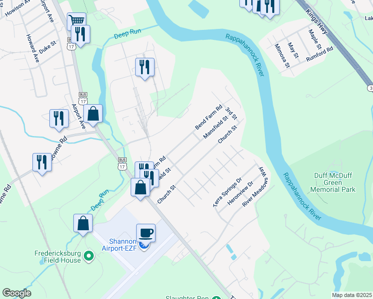 map of restaurants, bars, coffee shops, grocery stores, and more near 172 Mansfield Street in Fredericksburg