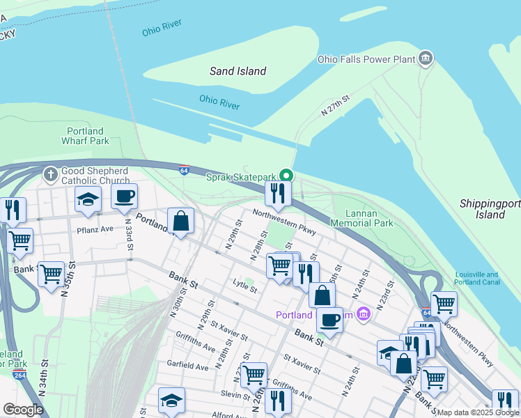 map of restaurants, bars, coffee shops, grocery stores, and more near 2821 Northwestern Parkway in Louisville