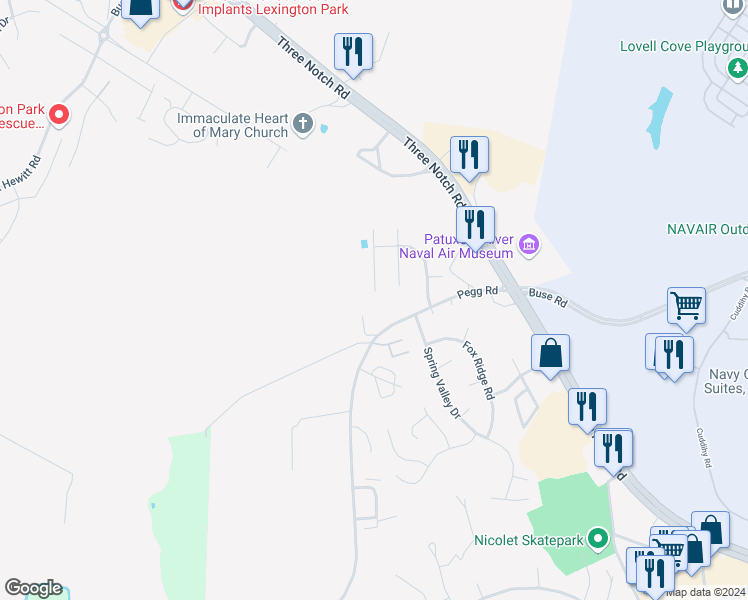 map of restaurants, bars, coffee shops, grocery stores, and more near 22133 Knight Court in Lexington Park