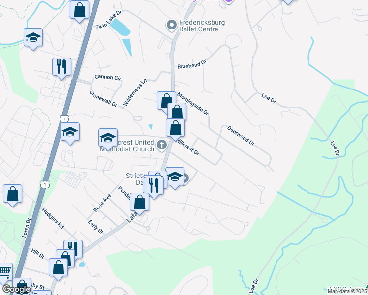 map of restaurants, bars, coffee shops, grocery stores, and more near 106 Hillcrest Drive in Fredericksburg