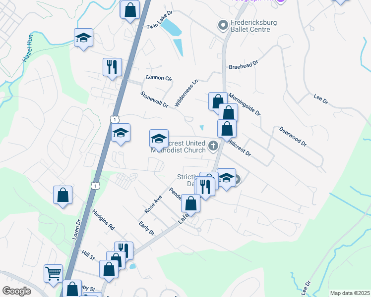 map of restaurants, bars, coffee shops, grocery stores, and more near 126 Ashby Street in Fredericksburg