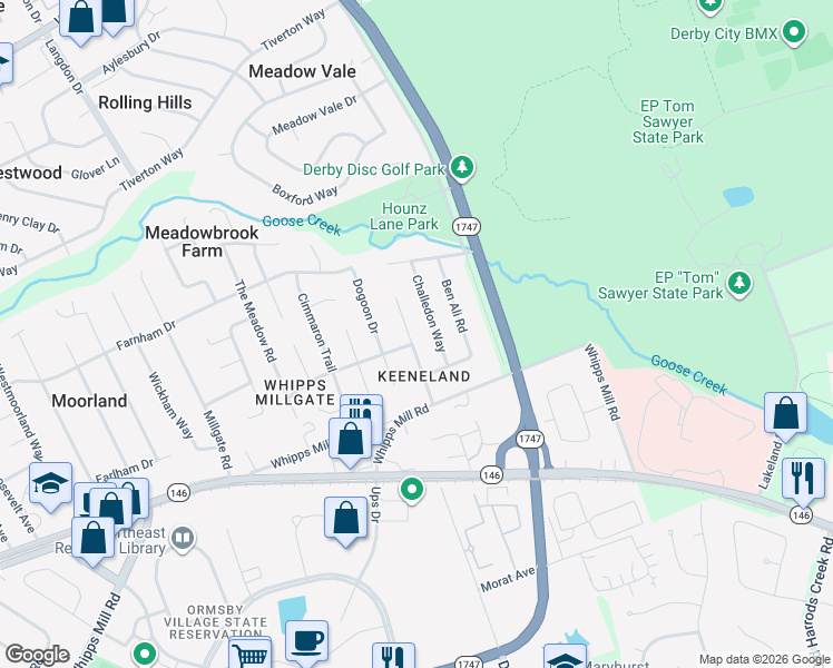 map of restaurants, bars, coffee shops, grocery stores, and more near 2105 Keeneland Boulevard in Louisville