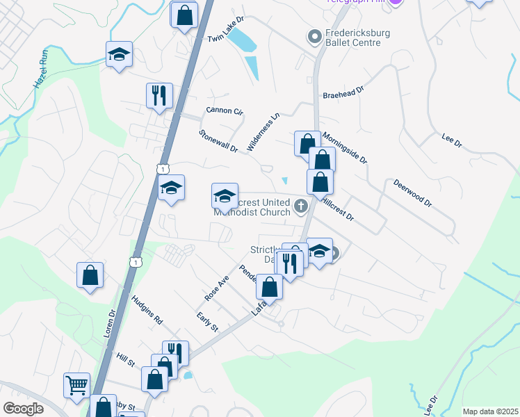 map of restaurants, bars, coffee shops, grocery stores, and more near 126 Ashby Street in Fredericksburg