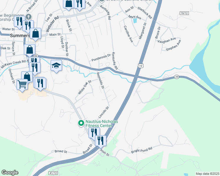 map of restaurants, bars, coffee shops, grocery stores, and more near 58 3rd Street in Summersville