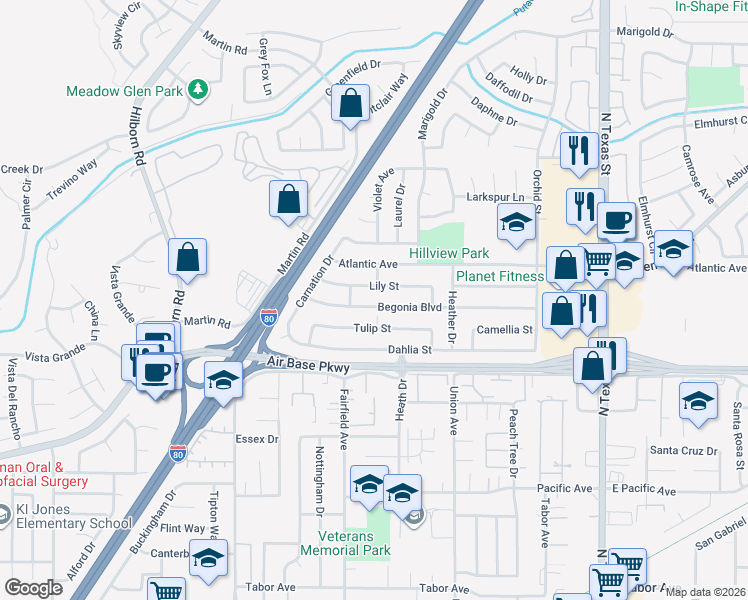 map of restaurants, bars, coffee shops, grocery stores, and more near 411 Lily Street in Fairfield
