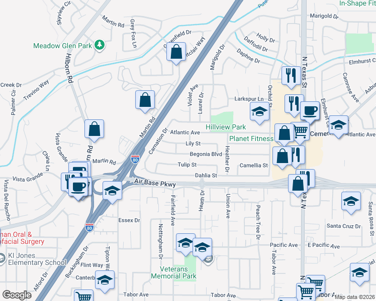 map of restaurants, bars, coffee shops, grocery stores, and more near 411 Lily Street in Fairfield