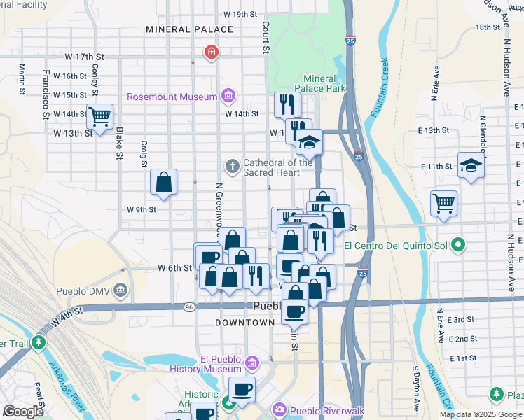 map of restaurants, bars, coffee shops, grocery stores, and more near 909 Court Street in Pueblo