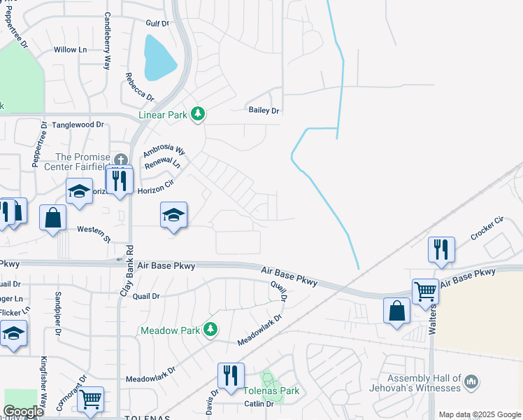map of restaurants, bars, coffee shops, grocery stores, and more near 1575 Feast Court in Fairfield