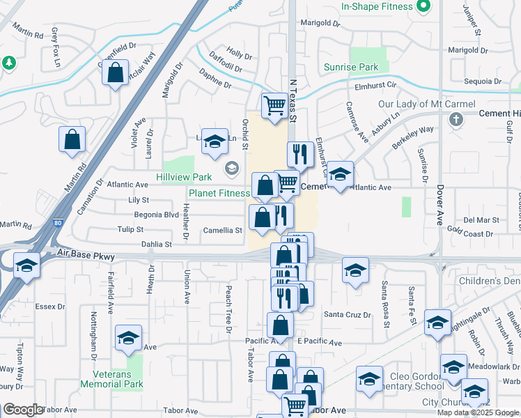 map of restaurants, bars, coffee shops, grocery stores, and more near 2505 North Texas Street in Fairfield