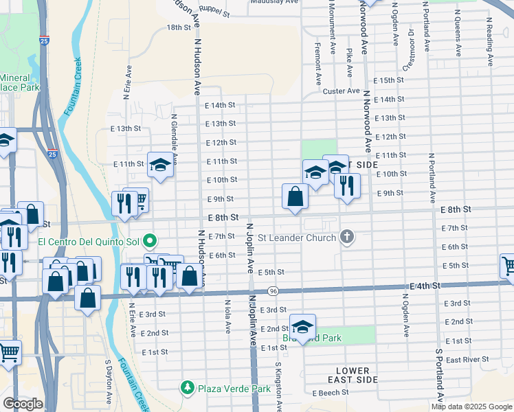 map of restaurants, bars, coffee shops, grocery stores, and more near 1104 E 9th St in Pueblo