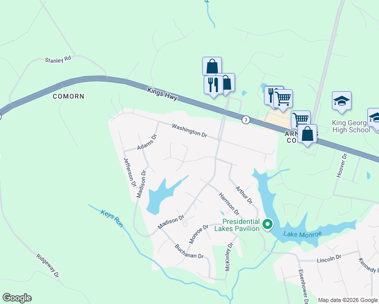 map of restaurants, bars, coffee shops, grocery stores, and more near 10083 Tyler Court in King George