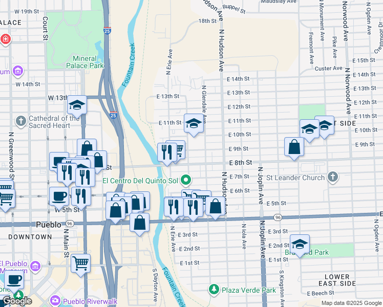 map of restaurants, bars, coffee shops, grocery stores, and more near 826 North Fountain Avenue in Pueblo