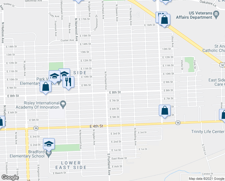 map of restaurants, bars, coffee shops, grocery stores, and more near 1715 East 8th Street in Pueblo