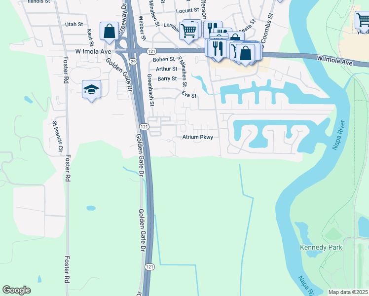 map of restaurants, bars, coffee shops, grocery stores, and more near 1800 Atrium Parkway in Napa